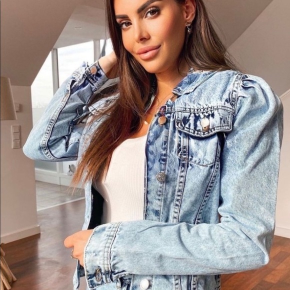 🆕 Mid Blue Acid Puff Sleeve Western Denim Jacket - Picture 5 of 9